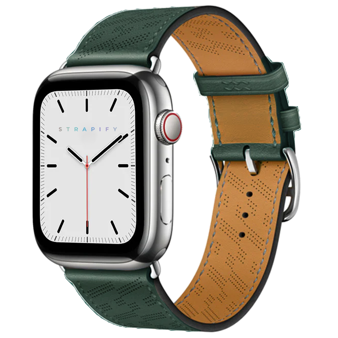 Silver smartwatch with white minimalist dial and forest green perforated leather single tour band with tan interior