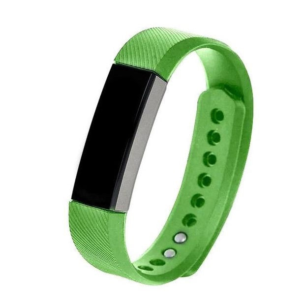 Green silicone fitness tracker band with black display screen and adjustable strap holes