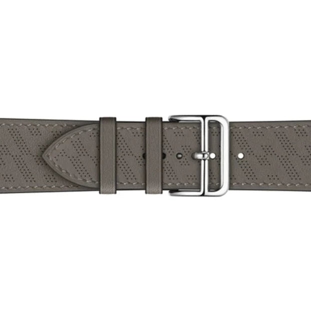 Grey perforated leather Apple Watch band with silver buckle clasp and single tour design