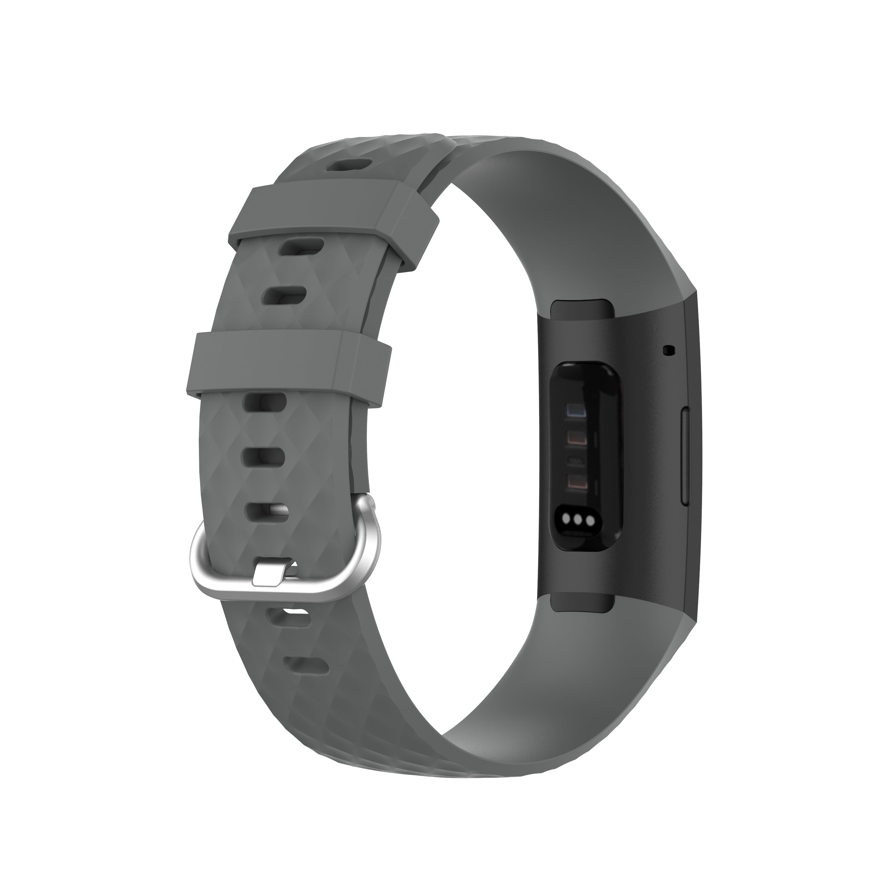 Grey silicone replacement strap for Fitbit Charge 3 and Charge 4 fitness tracker with metal buckle clasp