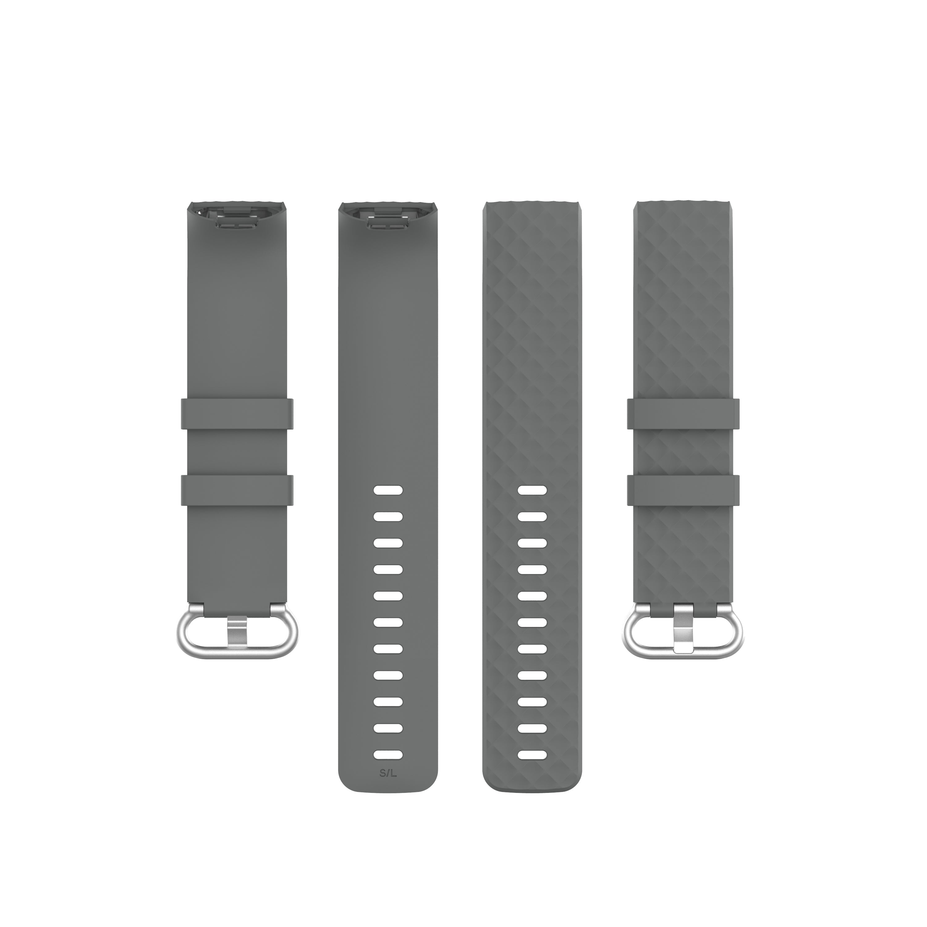 Fitbit Charge 3 and 4 grey silicone band straps with quick-release connectors shown front and back views