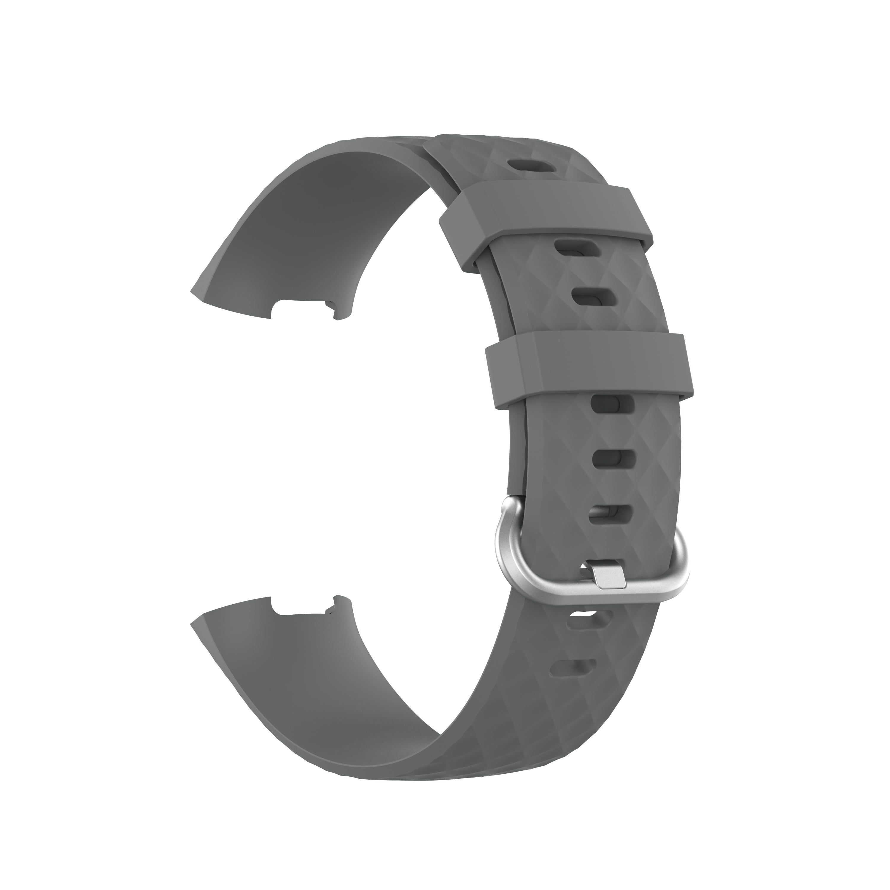 Grey silicone replacement band for Fitbit Charge 3 and Charge 4 fitness tracker with buckle closure