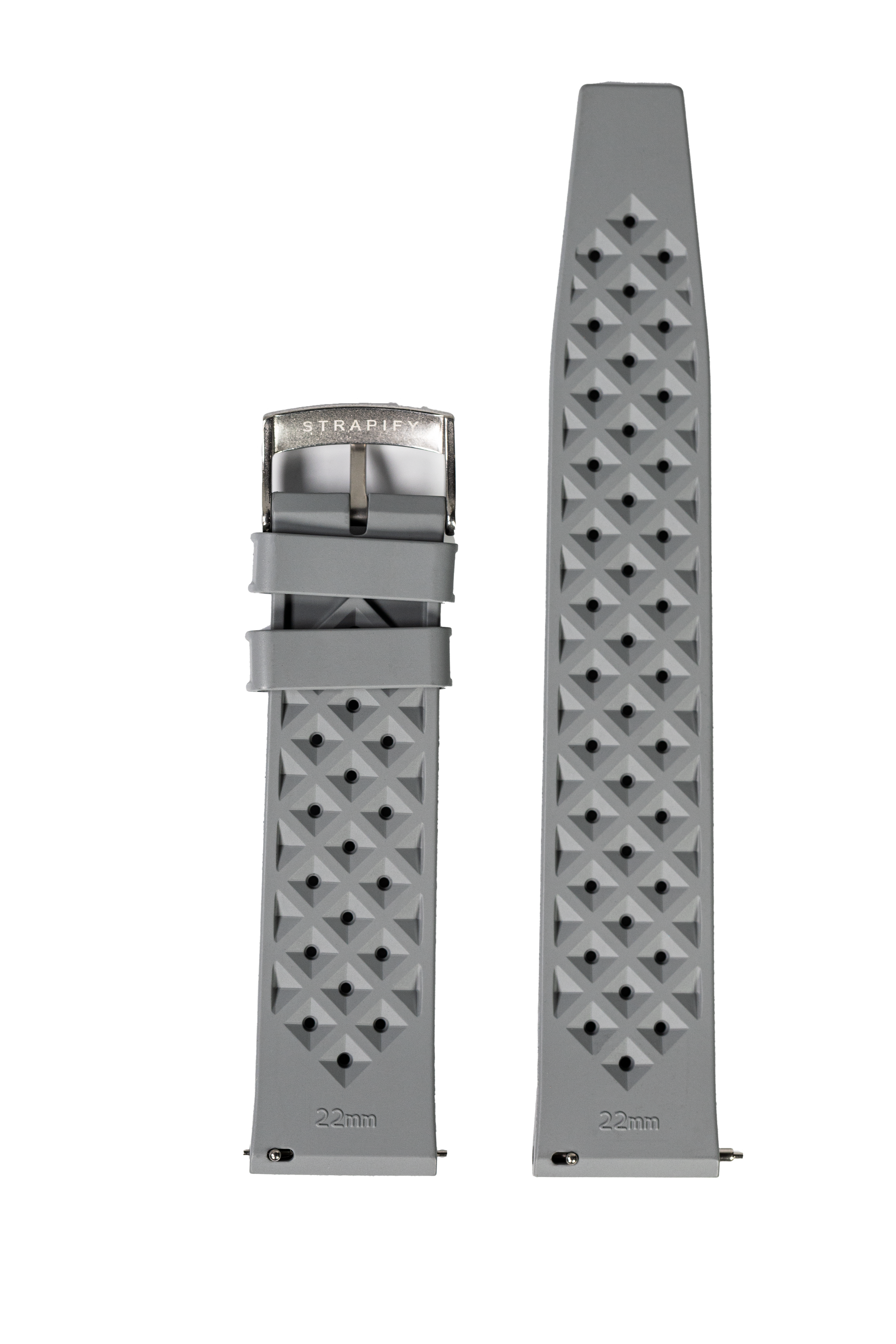Grey 22mm quick release rubber watch strap with diamond quilted pattern and stainless steel buckle