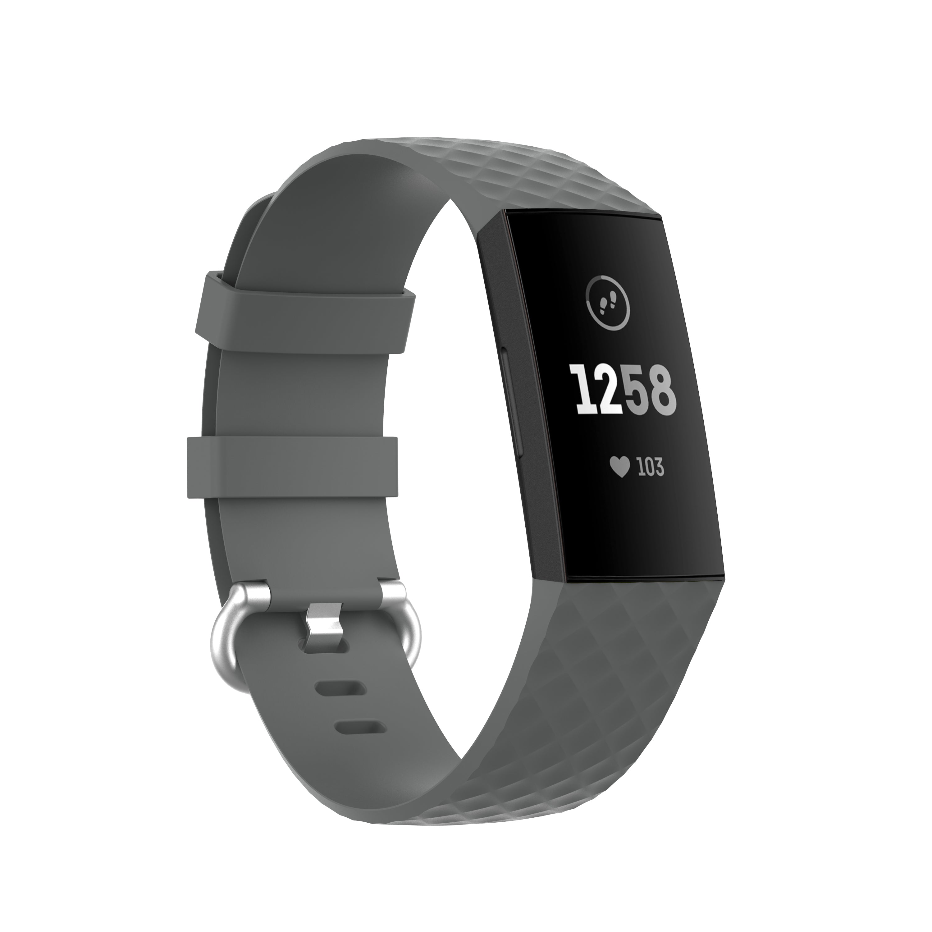 Grey silicone fitness tracker band with rectangular display showing time 12:58 and heart rate monitor icon