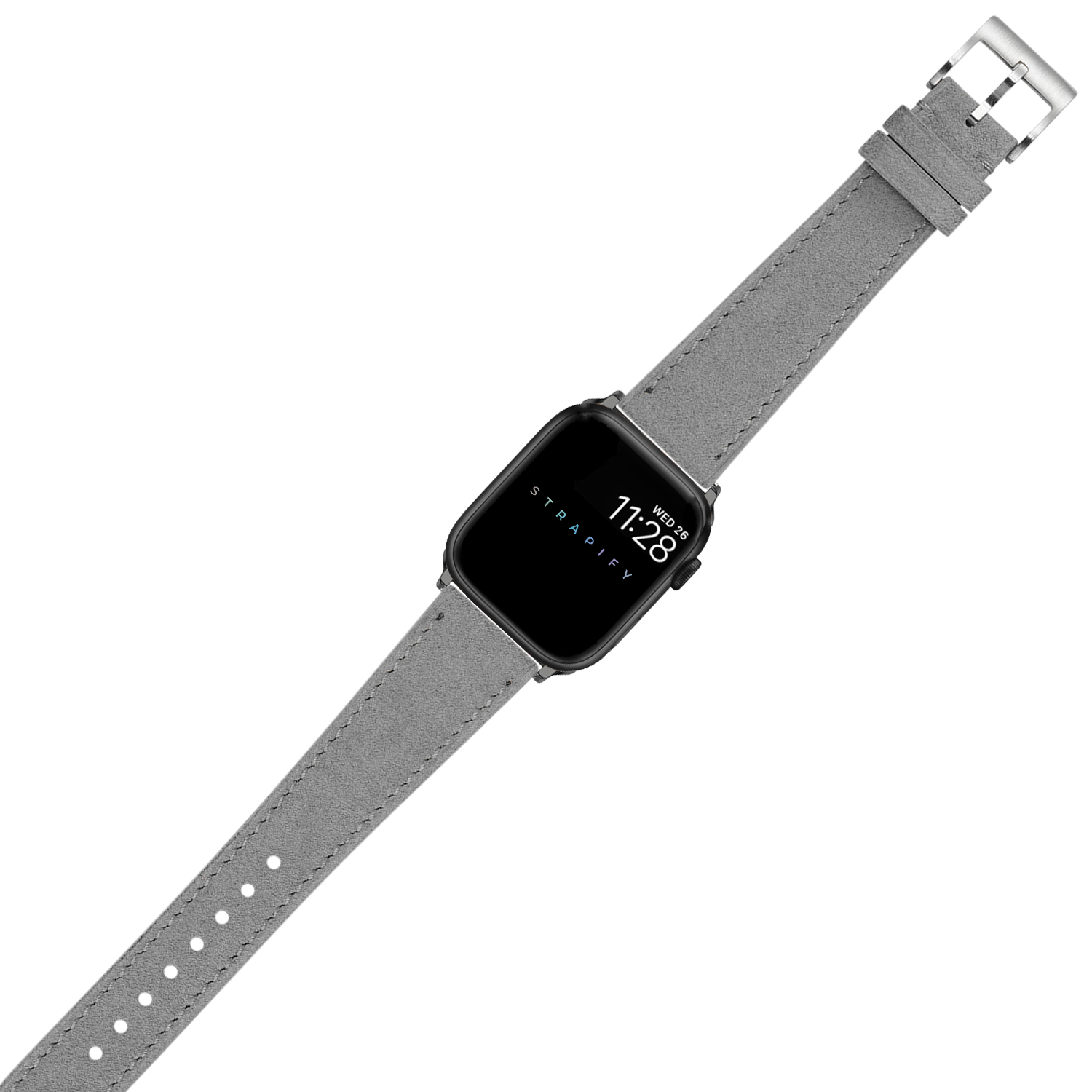 Black smartwatch with grey Alcantara leather band and silver buckle on white background