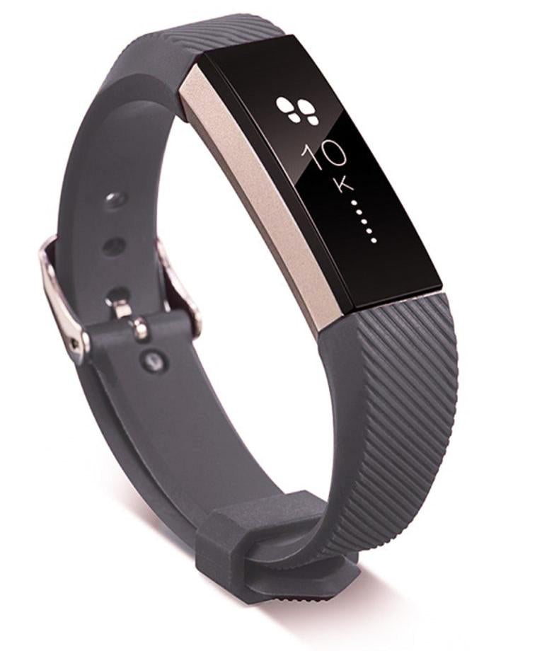 Grey silicone fitness tracker band with buckle closure and textured wrist strap, displaying time on OLED screen