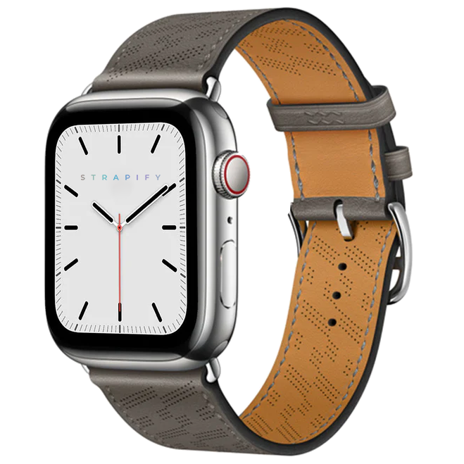 Silver smartwatch with grey perforated leather single tour band and tan interior, minimalist white dial with black hands