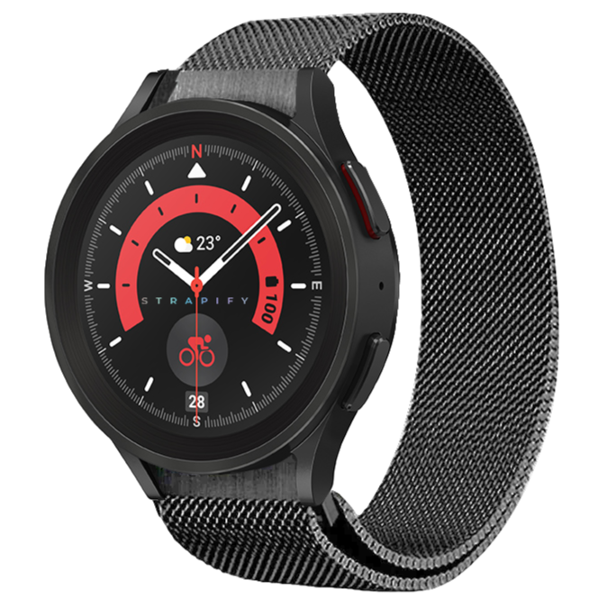 Black smartwatch with red dial and temperature display, matching gun metal grey Milanese mesh band