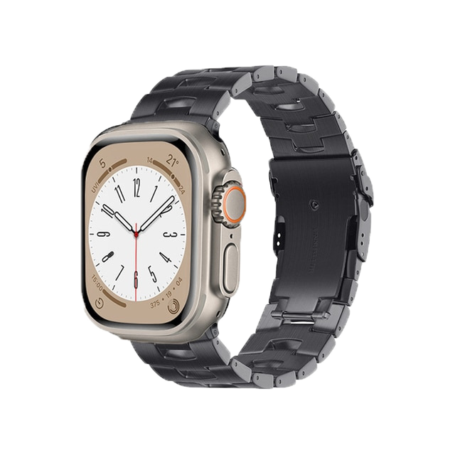 Titanium smartwatch with cream dial and black metal link bracelet, featuring orange accent button and analog time display