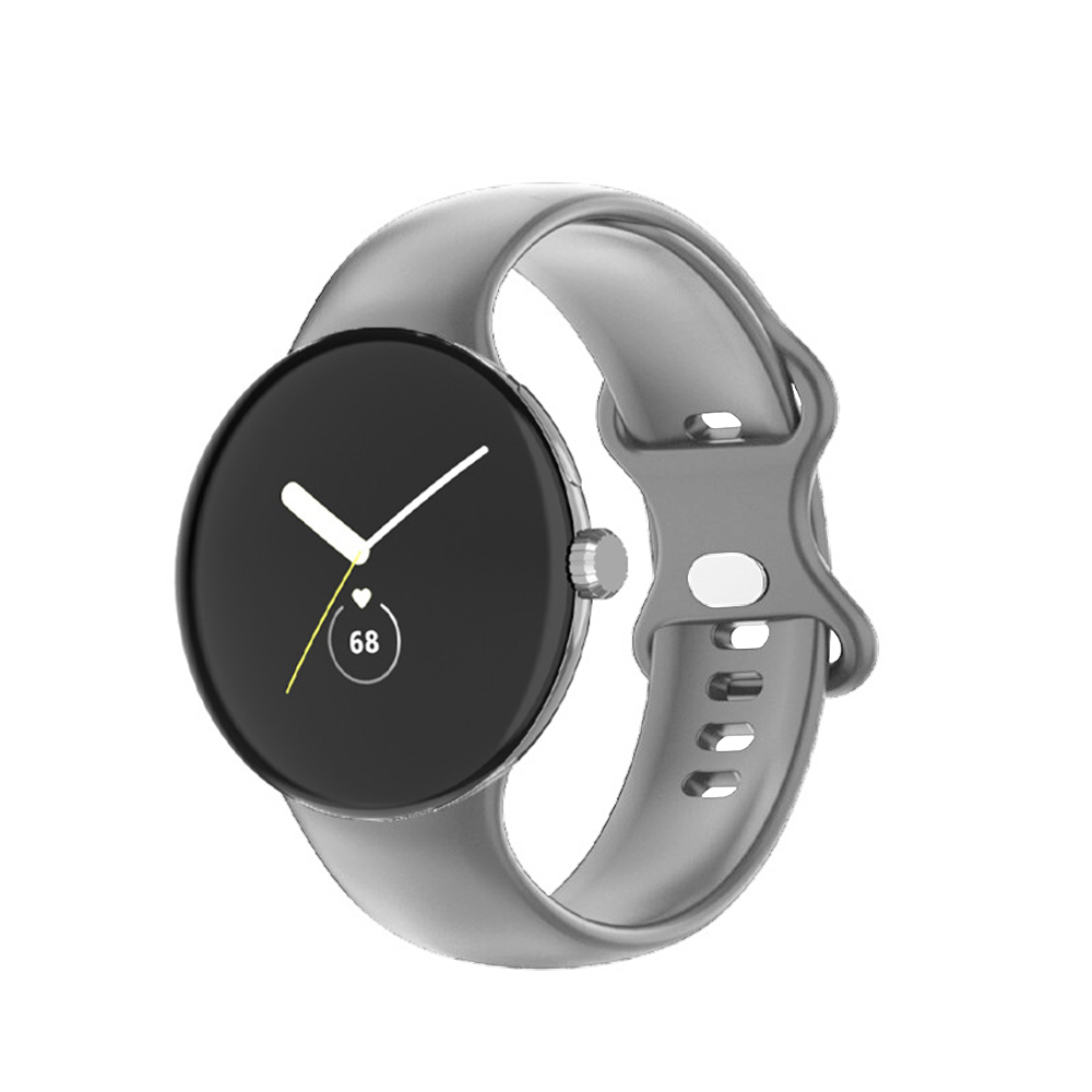 Gray silicone smartwatch band with minimalist watch face displaying time and heart rate monitor on black display