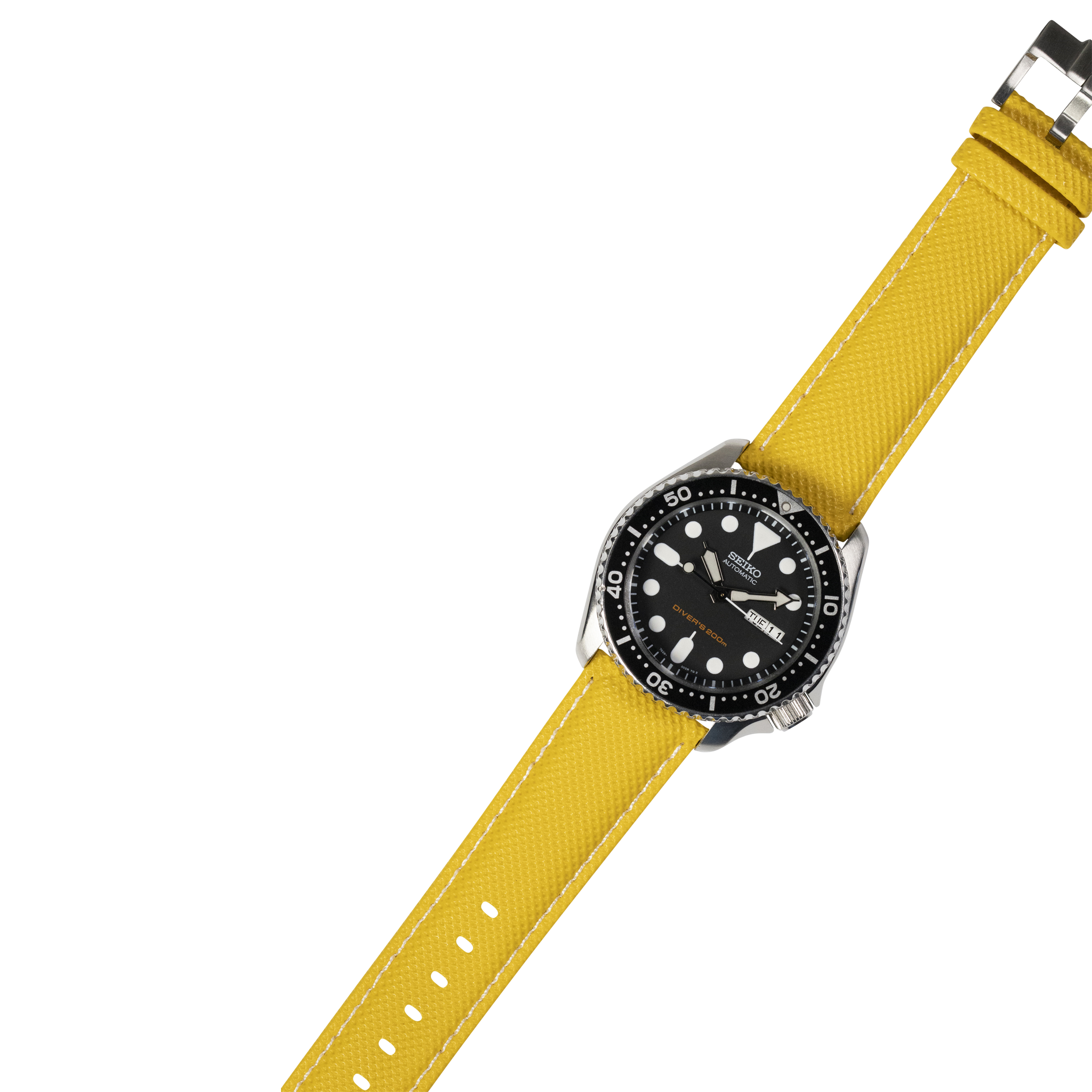 Seiko dive watch with black dial and yellow sailcloth quick-release strap featuring white stitching