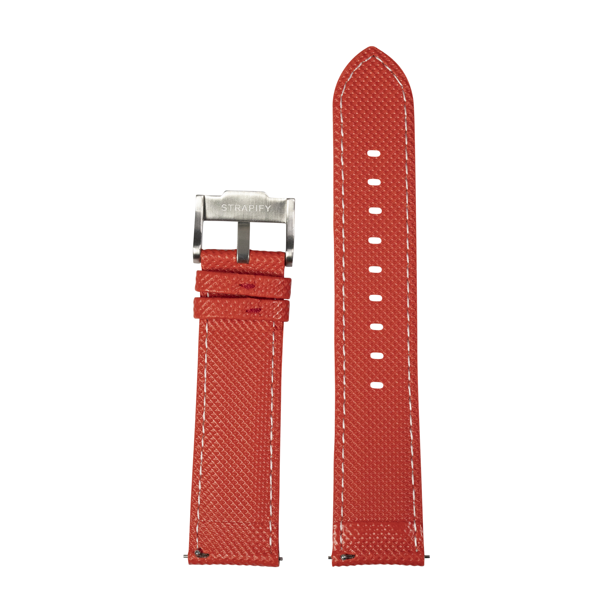 Red sailcloth quick release watch strap with white stitching and brushed steel buckle