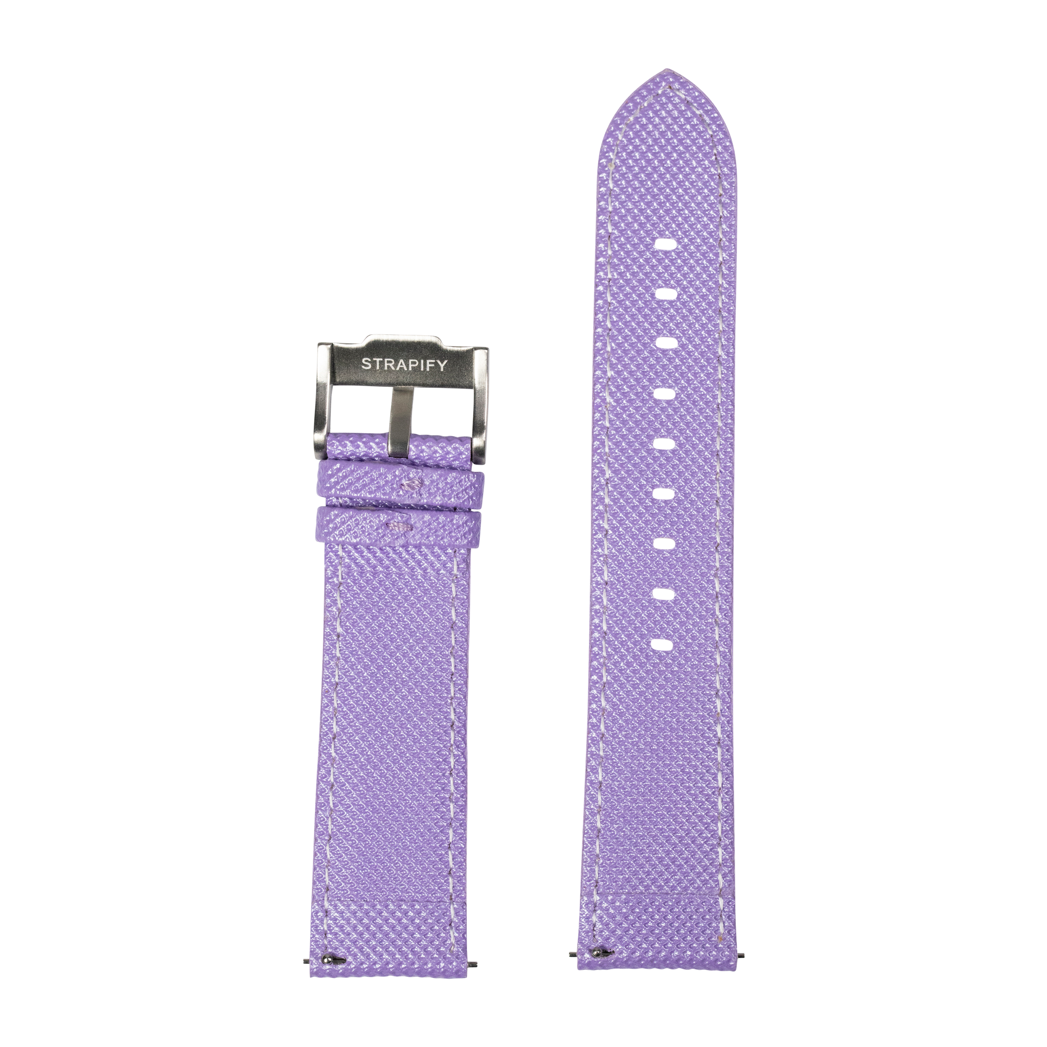 Lavender sailcloth quick release watch strap with white stitching and gunmetal buckle