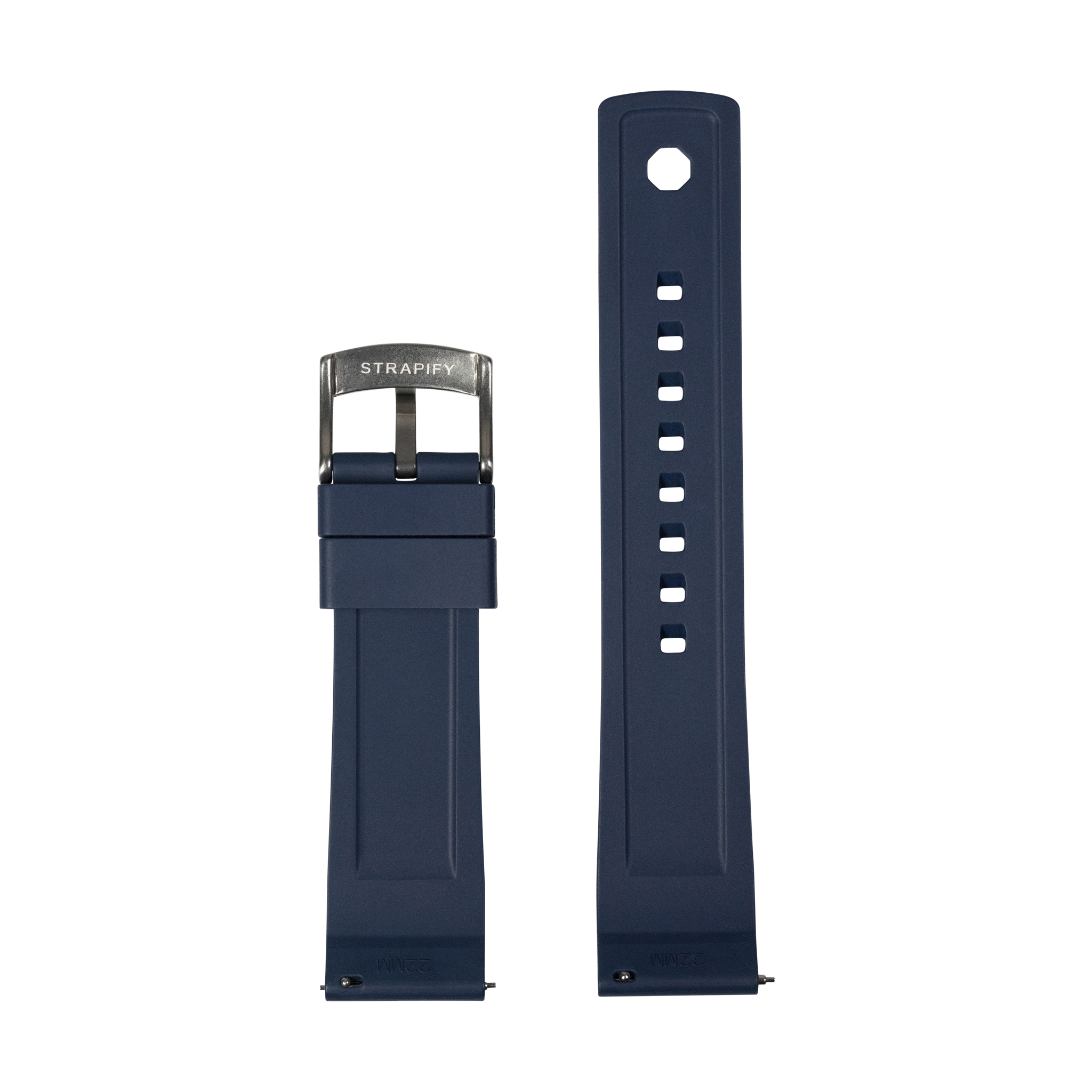 Navy blue rubber watch strap with quick release mechanism and stainless steel Strapify buckle