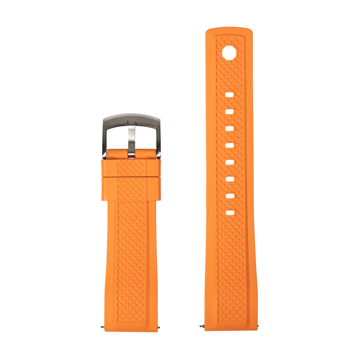 Orange GridLock FKM rubber watch band with quilted texture, gunmetal buckle and adjustment holes shown assembled and unattached