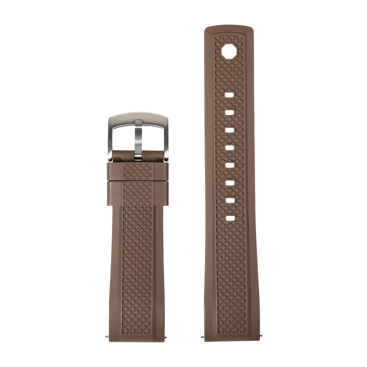 Brown rubber watch band with quilted texture pattern and stainless steel buckle, shown assembled and unassembled