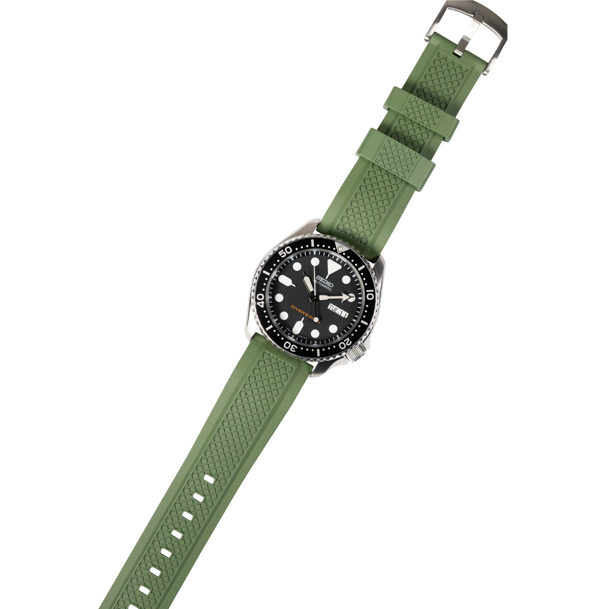 Seiko dive watch with black dial and stainless steel case on forest green rubber strap with quick release system