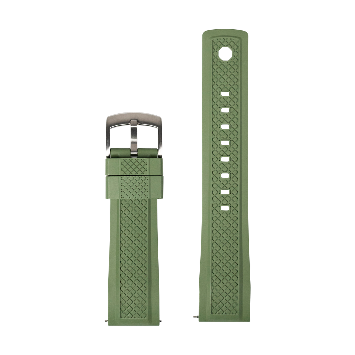 Olive green GridLock FKM rubber Apple Watch band with gunmetal buckle and quick-release pins, shown assembled and unattached