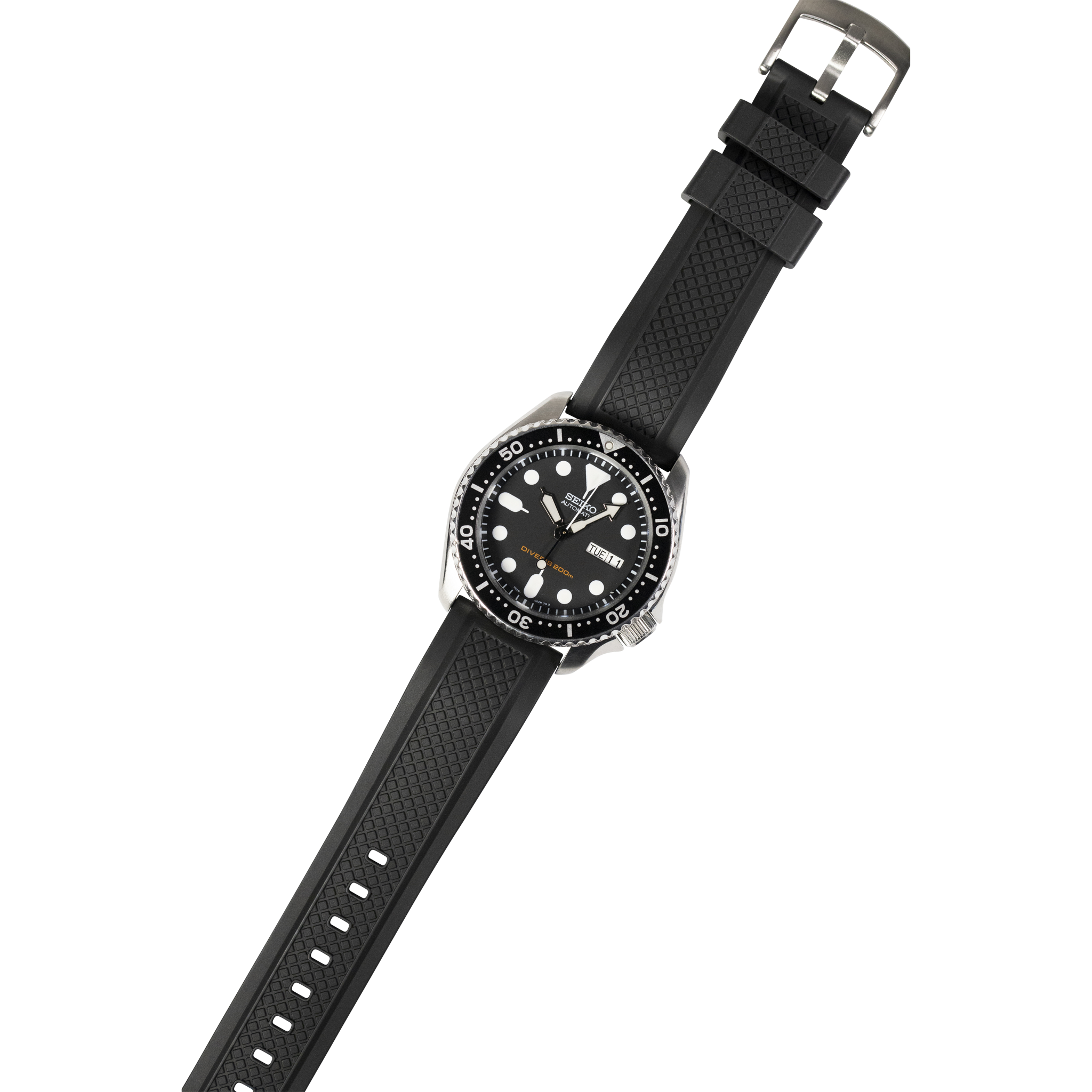 Black dive watch with stainless steel case and GridLock FKM rubber strap featuring quick release buckle and rotating bezel