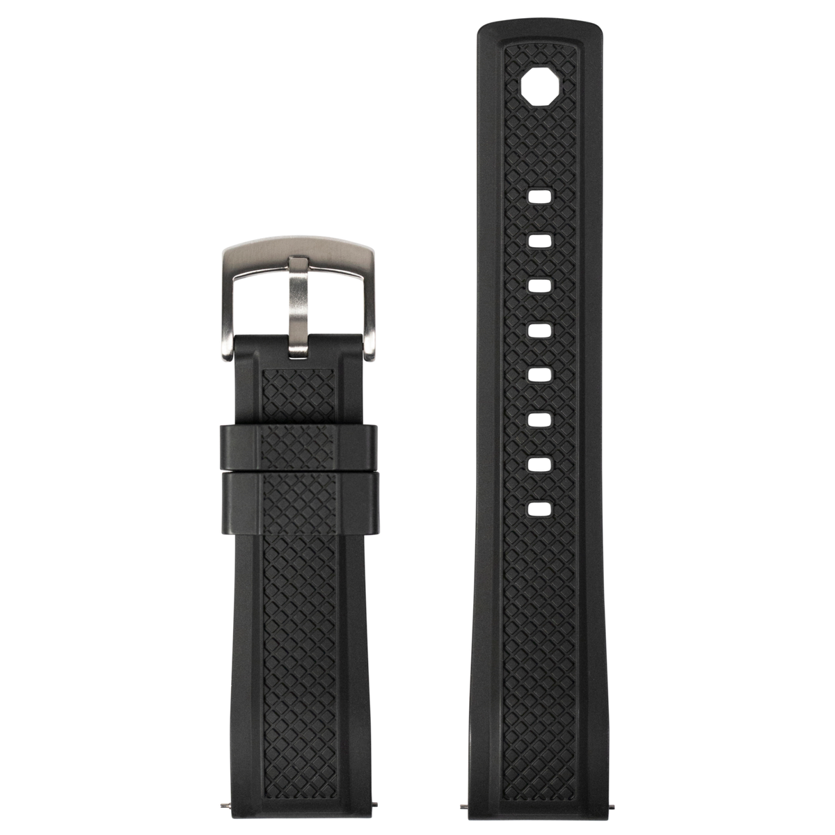 Black rubber watch band with quilted texture pattern and stainless steel buckle, shown extended and folded