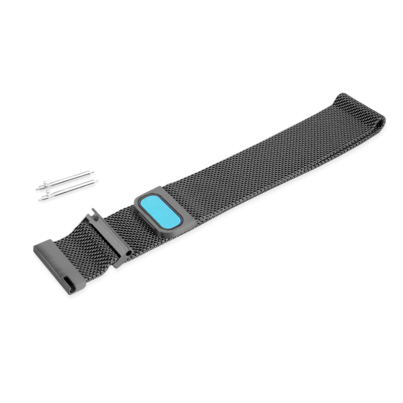 Black stainless steel mesh watch band with quick release clasp and blue accent, includes two metal pins for easy attachment