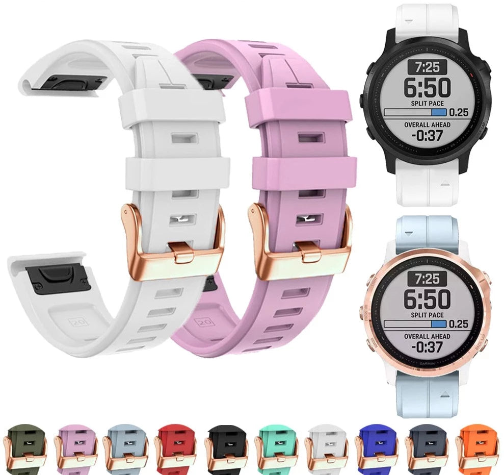 QuickFit 20mm flexi silicone watch bands in white, pink, and black with rose gold hardware, compatible with running smartwatches