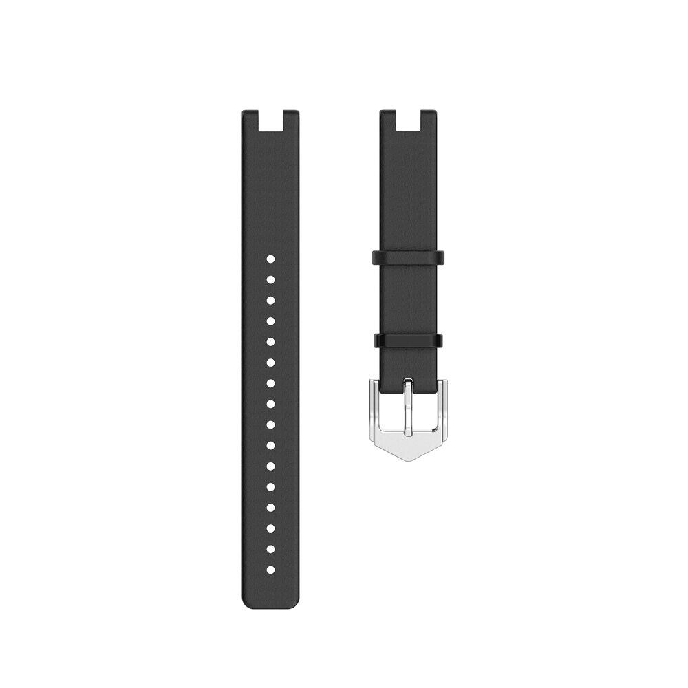 Black leather watch band with adjustable perforations and silver buckle for Garmin Lily smartwatch