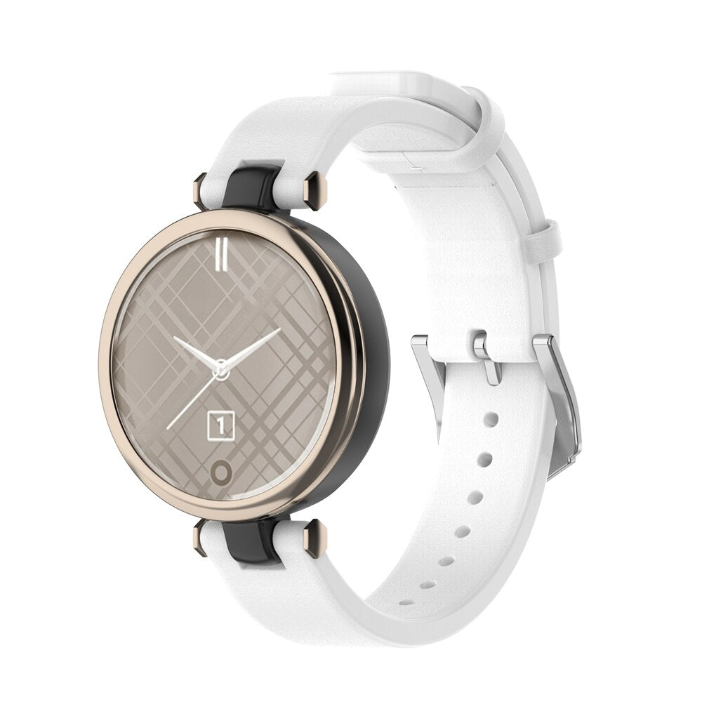 Garmin Lily smartwatch with white leather band, rose gold case and quilted dial display