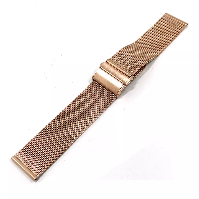 Rose gold mesh watch band with quick release pins and magnetic clasp closure