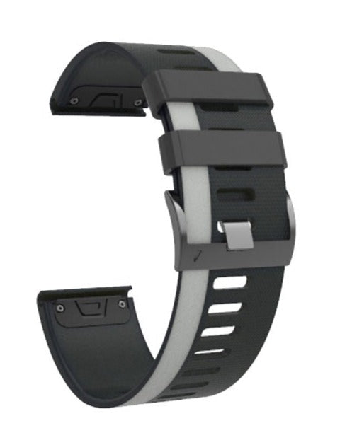 Black and gray silicone smartwatch band with asymmetric design, quick-fit connector and ventilation holes