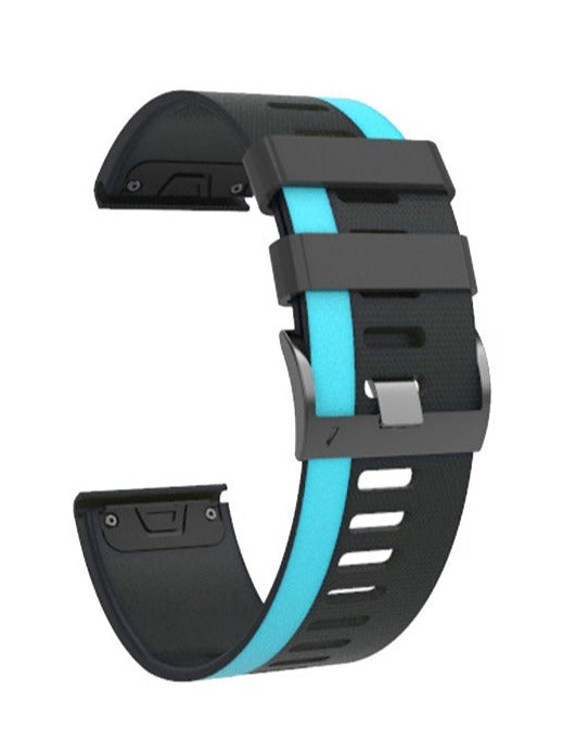 Black and cyan asymmetric silicone quickfit watch band with ventilation holes and secure clasp closure