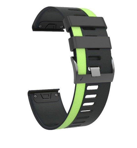 Black and neon green asymmetric silicone watch band with quick-fit connector and ventilation holes