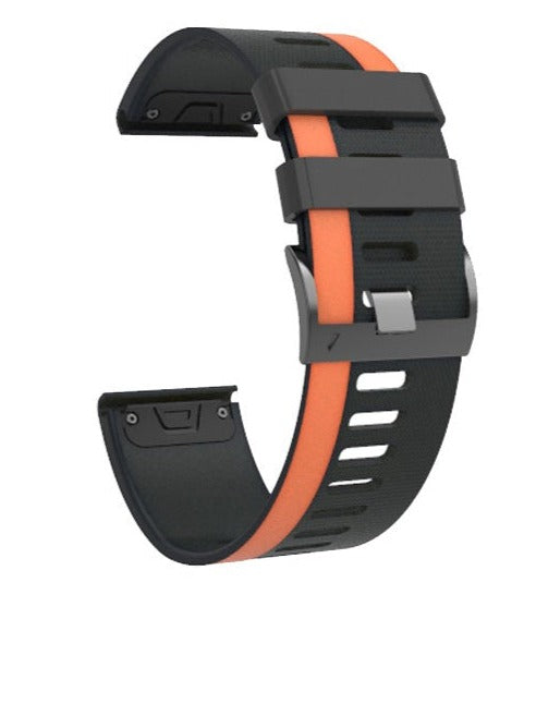 Black and orange silicone smartwatch band with quick-fit connector and asymmetric design for easy replacement