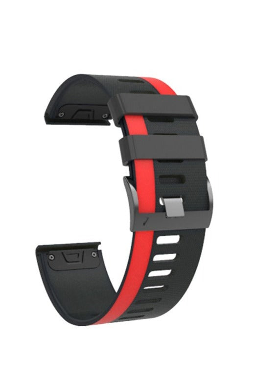 Black and red silicone smartwatch band with quick-fit asymmetric design and ventilation holes