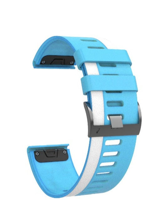 Blue silicone smartwatch band with white stripe and quick-release buckle closure, asymmetric flex design