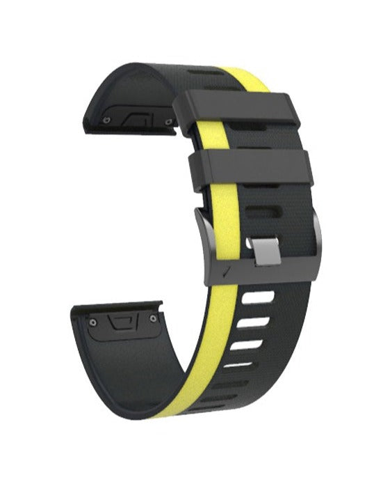 Black and yellow silicone quick-fit smartwatch band with asymmetric design and ventilation holes