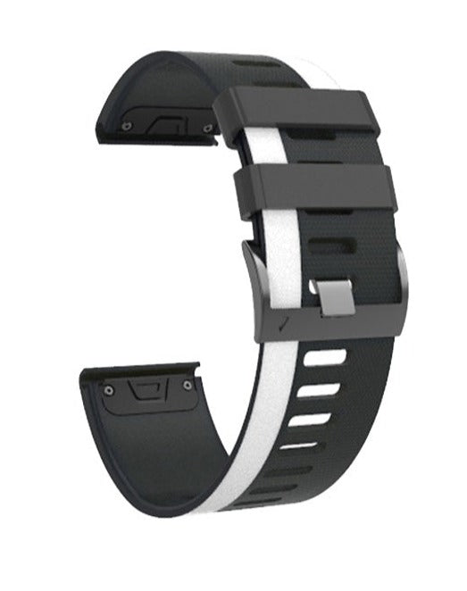 Black and white silicone asymmetric quick-fit watch band with flexible construction and quick-release pins