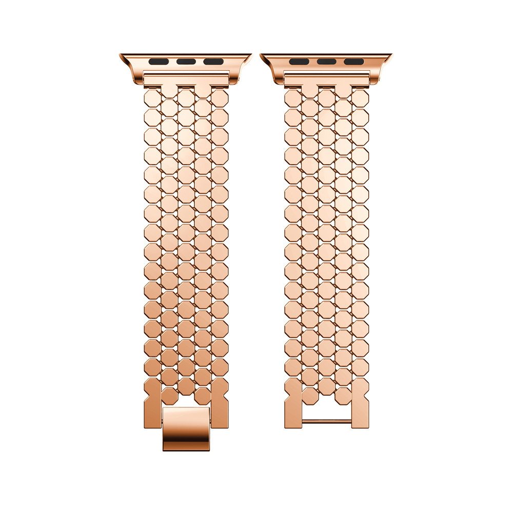 Rose gold hex steel bracelet for smartwatch with beaded chain design and magnetic closure
