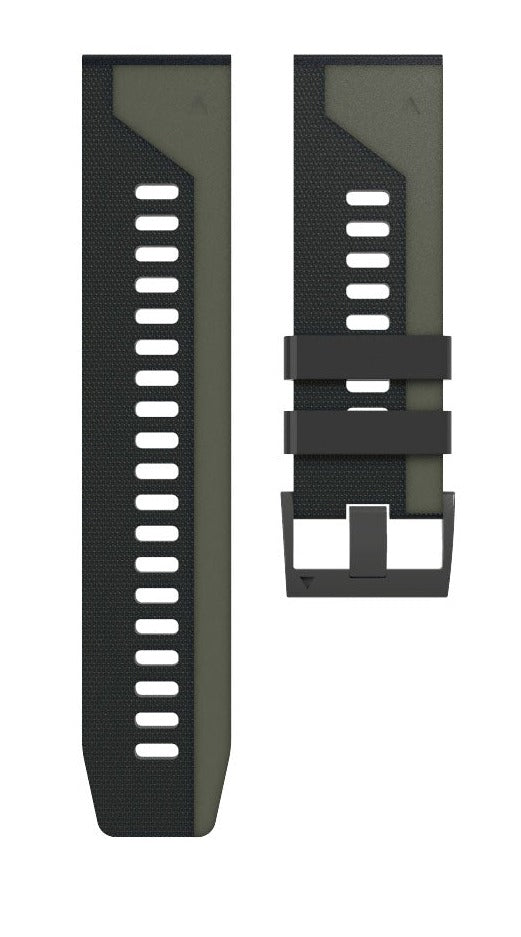Olive green and black silicone watch band with asymmetric design, white ventilation holes, and quick-fit connector system