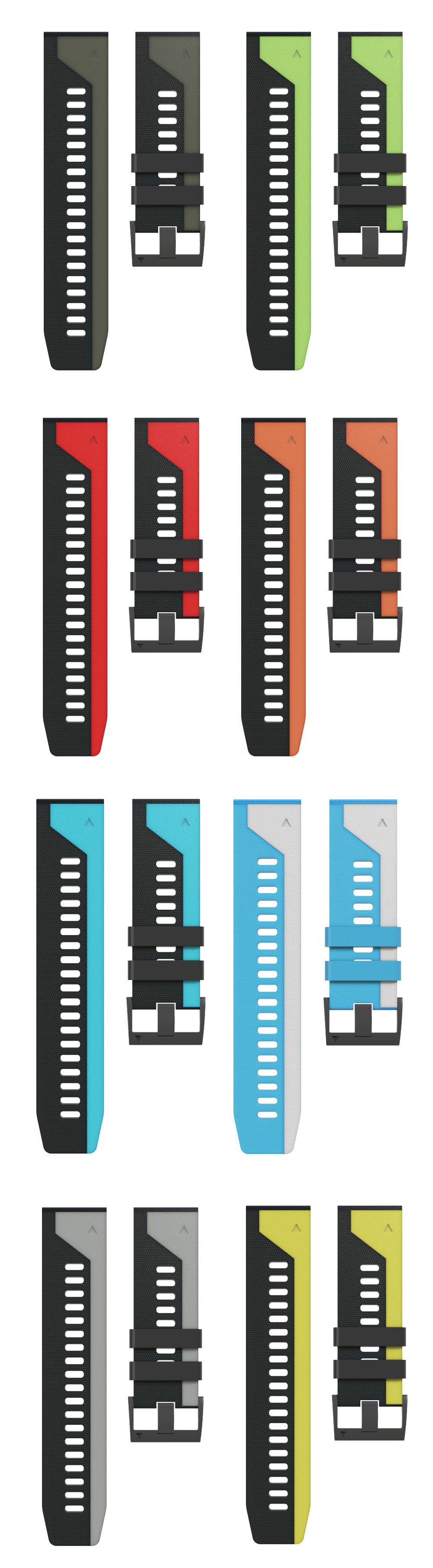 QuickFit flexi silicone asymmetric watch bands in black, green, red, orange, cyan, light blue, and yellow color options