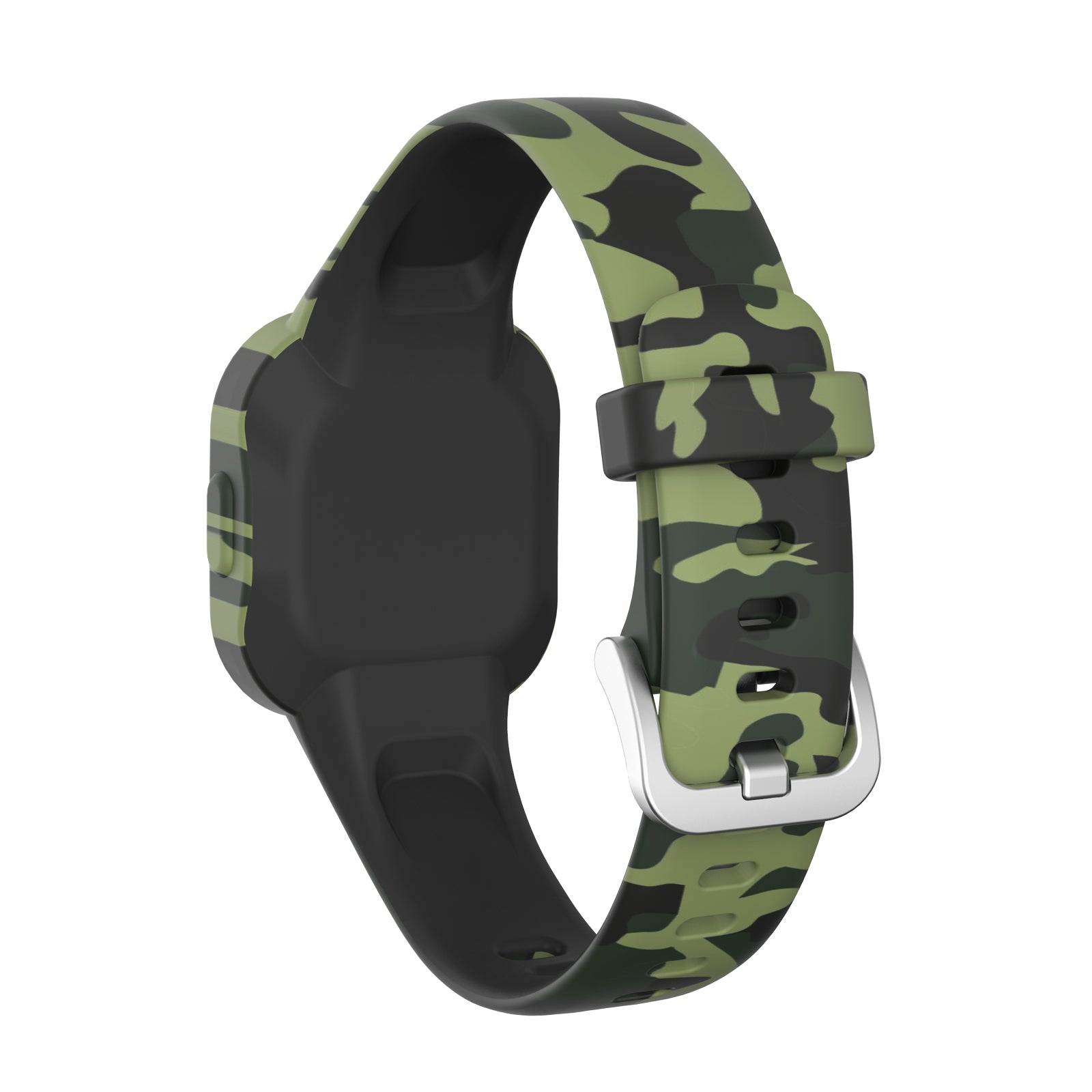 Garmin VivoFit JR 3 kids fitness tracker with green camouflage silicone band and black face
