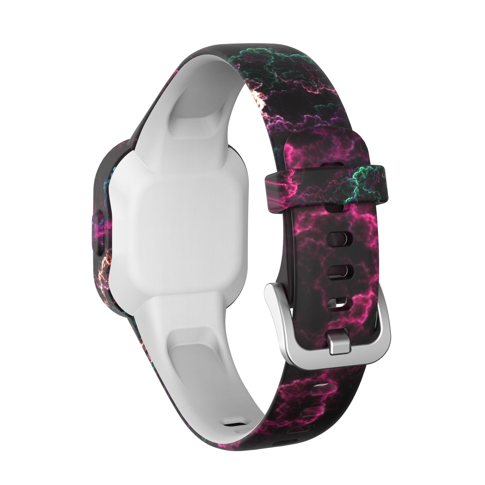 Garmin VivoFit JR 3 kids fitness tracker with neon pink and green lightning cloud silicone band and white face