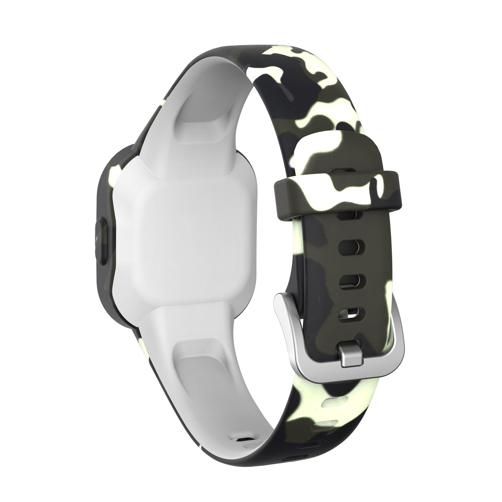 Garmin VivoFit JR 3 kids fitness tracker with black and white camouflage silicone band and gray adjustable strap