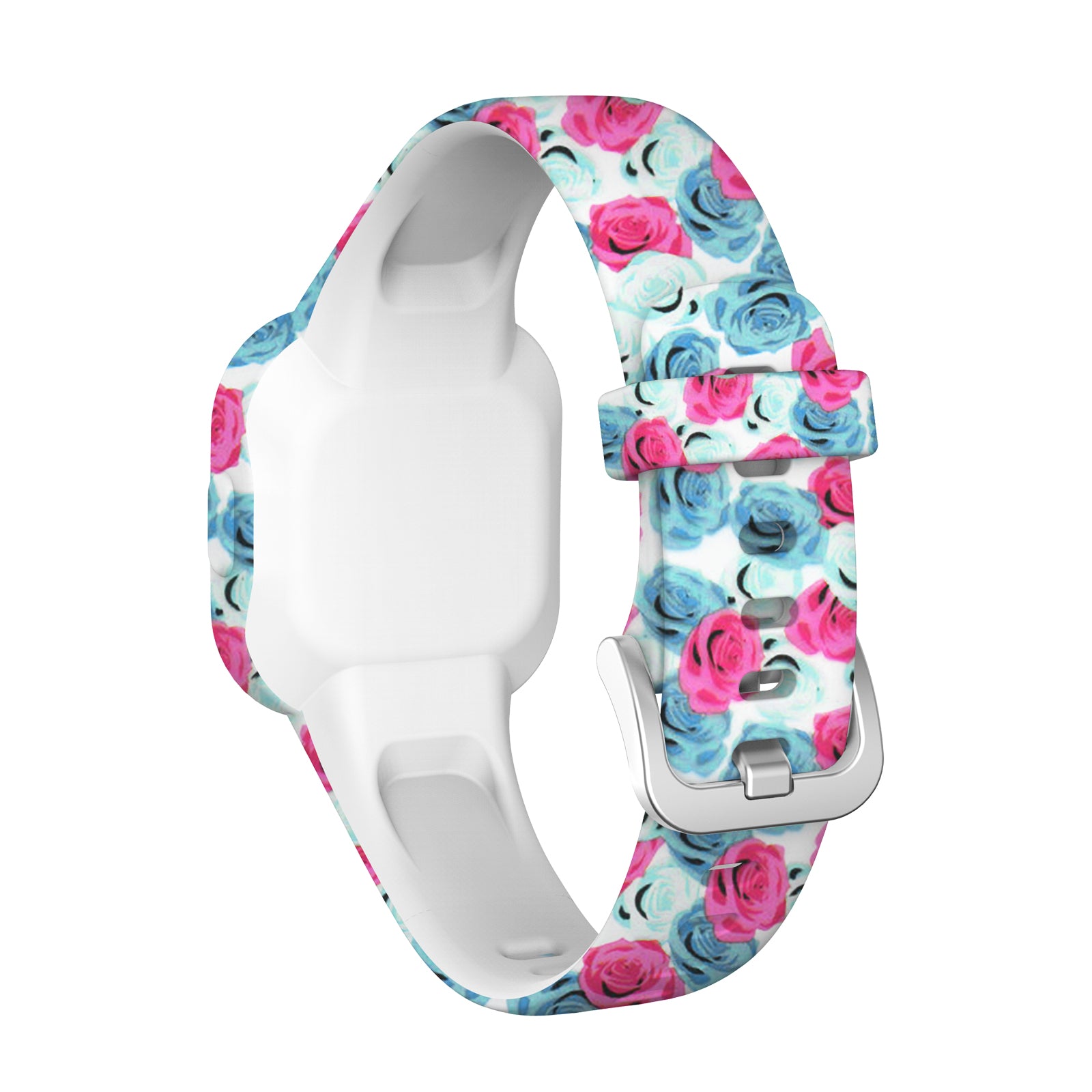 Colorful floral smartwatch band with pink and blue roses, white silicone back, compatible with Garmin VivoFit JR 3 fitness tracker
