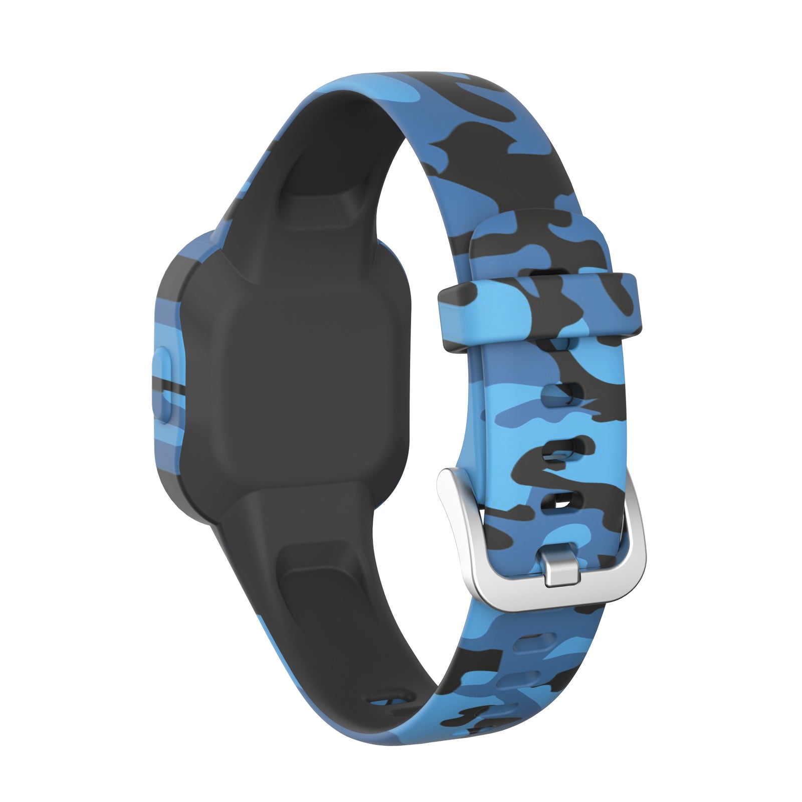 Blue camo silicone band for Garmin Vivofit JR 3 kids fitness tracker with adjustable strap and silver buckle
