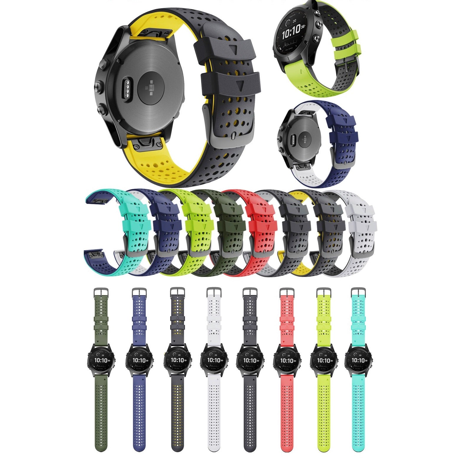 Colorful silicone sports watch bands and straps in multiple colors including yellow, green, red, lime, and turquoise with quick-fit connectors