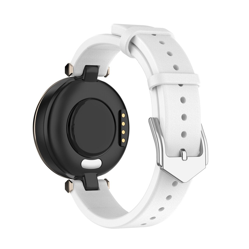 Black and white Garmin Lily smartwatch with white leather band and adjustable strap closure