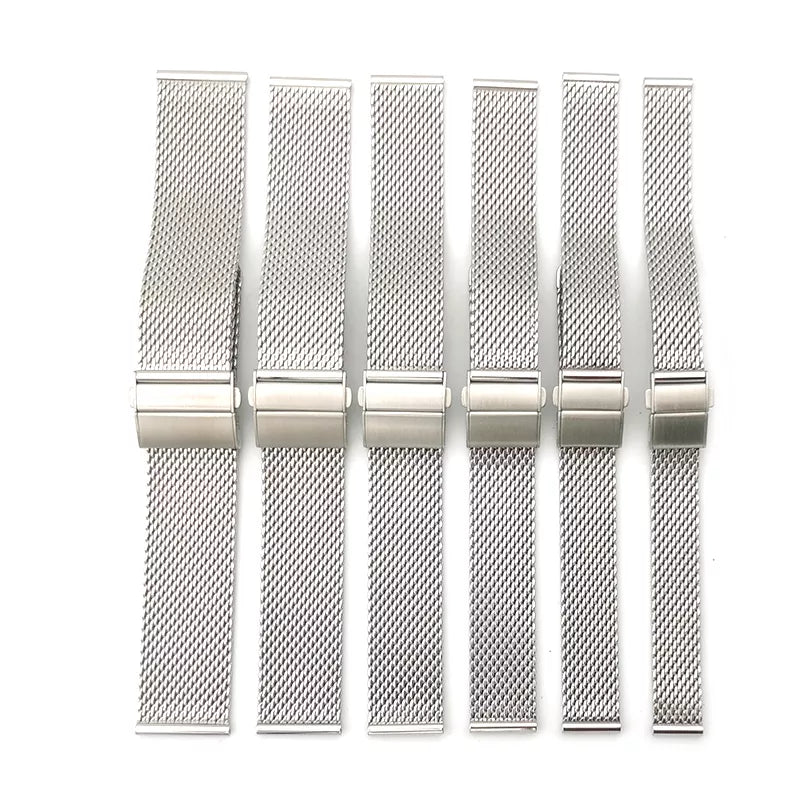 Six silver stainless steel mesh watch bands with quick release clasp closures displayed in a row