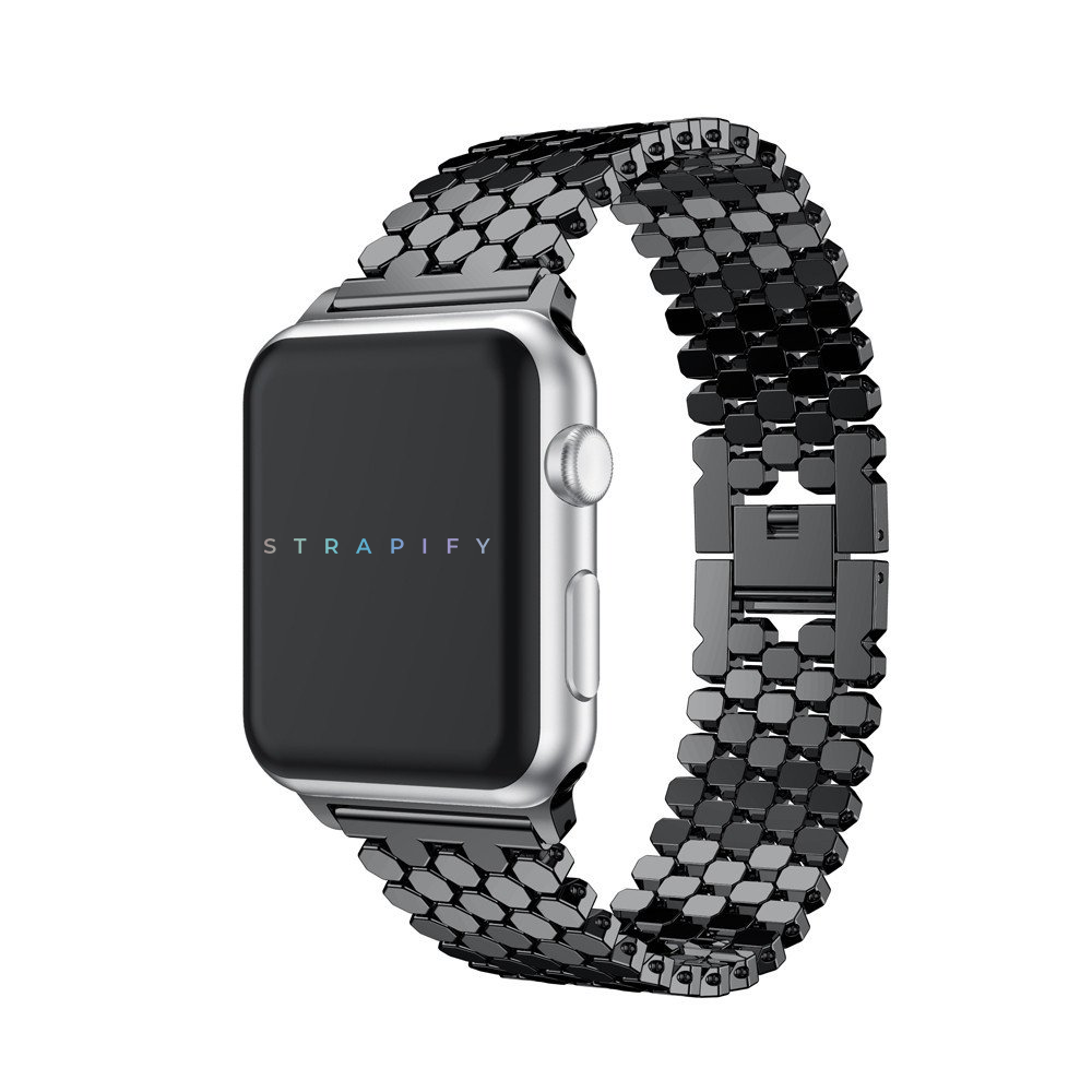 Silver and black smartwatch with hexagonal steel link bracelet and Strapify branding on display screen