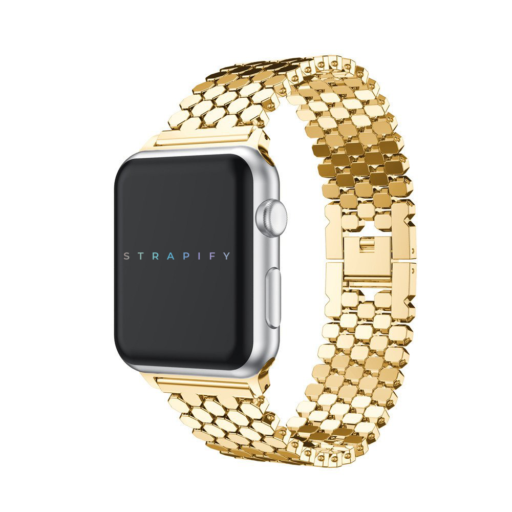 Gold hex steel bracelet band for Apple Watch with silver case and digital display showing Strapify logo